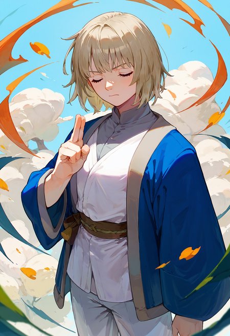 score_9, score_8_up, score_7_up, 1girl, kuji-in, (serious:0.8), closed eyes,
falin, blue jacket shirt robe white pants wide sleeves
<lora:kuji-in_1_pony_d32:1> <lora:falin_marcille_pony_d16:1>