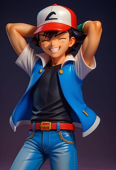 score_9, score_8_up, score_7_up, source_anime, high resolution, 
figure, solo, 1boy, ash_kanto, black hair, 
baseball cap, black t-shirt, blue jacket, open jacket, short sleeves, white sleeves, jeans, belt, fingerless gloves, 
smile, grin, hands behind head, eyes closed, 
cowboy shot, dark background, vivid lighting, best quality, realistic,