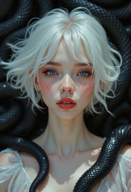 DB4RZ style painting, 　,Fantasy aesthetics, , (albino:1.3) (nymph:1.3), (albinism:1.4), Lengthened Rectangular Face with Noticeable Jaw and Cheekbones, Clean, Straight Eyebrows, Wide-Set Close-Set Eyes, Majestic Aquiline Nose, Full Lips, windswept (Fine) (stylish short white hair:1.3) (Close up:1.2), Dutch Angle), (dynamic composition:1.2), (shallow depth of field:1.2), bright lighting vibrant, in the style of (Ansel Adams:1.3) (Rule of thirds:1.1) Show less(face close-up:1.4) portrait of a mischievous Saudi woman wearing a white sheer dress lying among black snakes, snake pit, mysterious smile, (sweat, wet, bold makeup), fantasy, horror, body horror, elegant. a mesmerizing blend of light and shadow. masterpiece, absurdres, intricate details, film grain, dynamic range, (skin texture style, detailed skin pore, detailed skin, realistic skin) <lora:skin texture style v4:0.4>
soft-hued colors, stunning background. dark and moody, a mesmerizing blend of light and shadow. masterpiece, absurdres, intricate details.<lora:anime_martzv2:0.53> anime_martz, <lora:FLUX-daubrez-DB4RZ:0.33> DB4RZ, DB4RZ style painting, <lora:NeonFantasyFLUX:0.73> ne0nfant4sy,