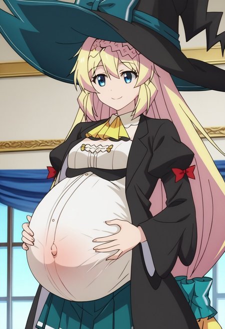best quality, masterpiece, 4k, perfect lighting, very aesthetic, anime, anime coloring, official art, anime screencap, bedroom, (large pregnant belly:1.3), happy, smile, (hands on belly:1.5),
azusa, blonde_hair, blue_eyes, braid, very_long_hair, witch_hat, hat_bow, ascot, (white_shirt:2.5), belt, puffy_sleeves, frills, pleated_skirt, brown_footwear, boots, black_jacket, bow
(pregnancy clothes:1.5), (covered belly:1.5)
