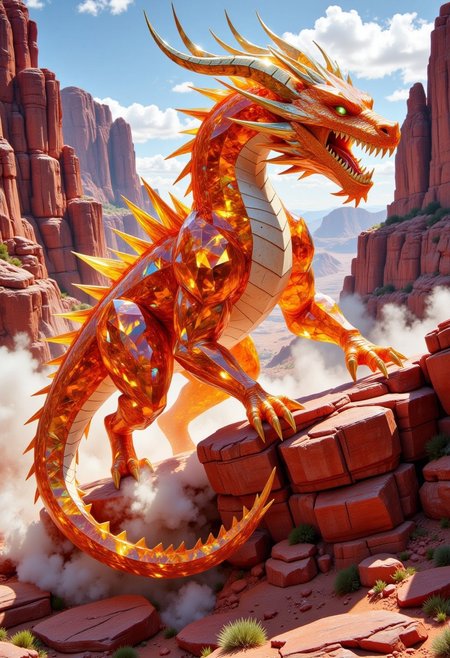 FluxEpicDragon, a crystalline dragon made of cut orange topaz and gold diamond gemstones with subsurface scattering and light transmission, rushing down a red desert cliff, monstrous and colossal, jagged and sharp gemstone horns and spikes, bright sunny day, kicking up a dust storm