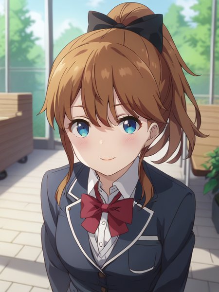 score_9,score_8_up,score_7_up,score_6_up BREAK official art,solo,outdoors,upper body,(portrait:1.5),looking at viewer,facing viewer,smile,blush,Akatsuki Minami,brown hair,long hair,high ponytail,hair bow,black bow,sidelocks,hair between eyes,parted bangs,blue eyes,school uniform,black jacket,blazer,open jacket,wing collar,red bowtie,grey cardigan,collared shirt,white shirt,long sleeves,medium breasts,blue skirt,pleated skirt,black socks,loafers,<lora:Akatsuki Minami(mtm)-Pony:1.6>,