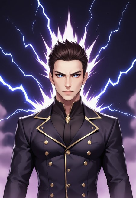 score_9, score_8_up, score_7_up,

1boy, A dark-haired male protagonist with a sharp and determined gaze, surrounded by swirling dark energy and electrifying purple lightning. His intense expression exudes confidence and power. He wears a sleek black outfit with a flowing cape, dynamic in motion, crackling with dark aura and energy. His piercing eyes glow faintly, partially shadowed by his hair, enhancing his enigmatic and overpowered presence.

He wields a sleek, menacing weapon with golden spikes, radiating a dark purple aura. His posture is aggressive yet composed, prepared for battle. The background is filled with abstract, ethereal shapes of monstrous figures, glowing symbols, and a moonlit, stormy sky. The scene is high-action, with a sense of rapid movement and unleashed power.

Dramatic lighting highlights the contours of his face and clothing, with a strong contrast between dark shadows and the radiant glow of his energy. His flowing cape and strands of hair are caught mid-motion, emphasizing the intensity of the moment.