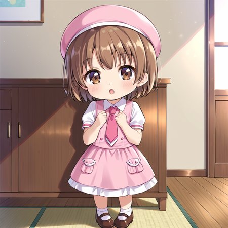 indoors,  <lora:Amatsuka_Sakura_IS:1> amatsukasakura, 1girl, solo, brown hair, short hair, brown eyes, necktie, pink headwear, pink hat, pink dress, white vest, necktie, dress, short sleeves, shoes, brown footwear, mary janes, child, chibi