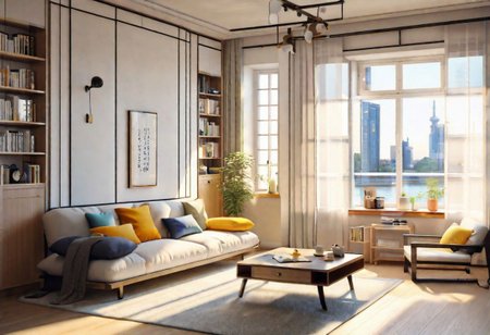 front view, anime-style, modern-style interior, with white walls and large windows, Nordic-style furniture, a  study, Sofa, coffee table, bookcase, single wall, 
warm light morning sun, (the view of the city)