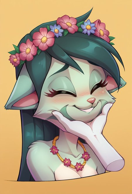 score_9, score_8_up, score_7_up, source_anime, BREAK 
lilith_calah, 1girl, furry female, furry, solo, tail, animal ears, 
blushing, bust, cute, eyes closed, floppy ears, floral head wreath, floral necklace, flower in hair, high-res, smiling, (((disembodied hand caressing face)))