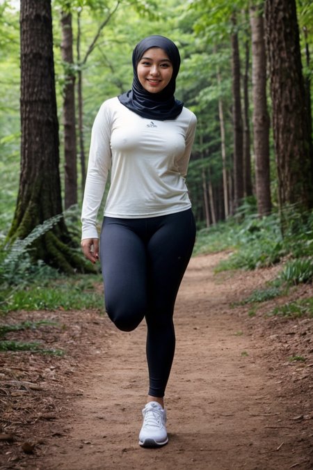 photo realistic, 4k, highly detailed full body photo of a beautiful girl her name is Ayu Dewi, 25yo, (round faced shape:1.2), black hijab, long hijab, dynamic pose, candid, happy, in deep forest, yellow t-shirt, long sleeve, yoga pants, white running shoes,
 <lora:add_detail_2:1>, <lora:epi_noiseoffset2:1>, <lora:weight_slider_v2:0.1>, <lora:saggy_breast_v1.1:0.6> saggy, <lora:skin_texture_v2:0.5>, <lora:hijabstyle:0.8> Hijab, Hijab style,