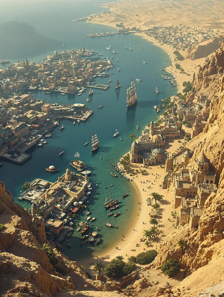 view from far above, on a medieval triable harbour town who is build into the sea, the buildings standing in the water and sea himself, this town is small, on the coast of a desert, around the town is water and a river flowing beside the city, around the river grows trees and palms, this town is the home for lizard-men