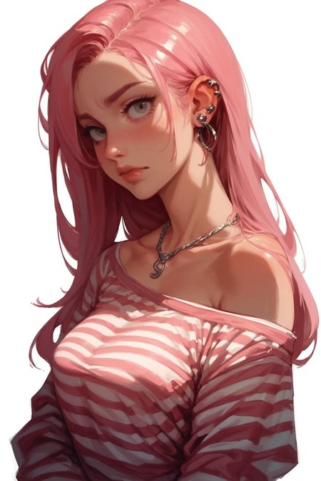 1girl, pink hair, solo, striped clothes, jewelry, earrings, long hair, bare shoulders, striped shirt, simple background, white background, striped sleeves, upper body, shirt, piercing, breasts, necklace, artist name, collarbone, ear piercing, closed mouth, blush, grey eyes, off shoulder, long sleeves, signature, from side, grey background,, zPDXL3, detailxl,  Score_PnyReal, (lineless:1.5)