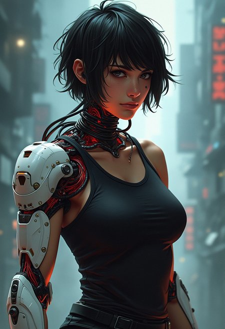 A digital illustration portrait, featuring a determined-looking female cyborg with short, dark, choppy hair. Significant cybernetic augmentation includes thick cabling integrated into her neck and spine, and a powerful, segmented white-plated robotic arm and hand revealing underlying red wiring/components. A subtle cybernetic port is visible on her cheek/temple. Her expression is intense and focused, eyes narrowed. She wears a simple black tank top, revealing toned musculature alongside the cybernetics. The lighting is dramatic and high-contrast, with a bright backlight illuminating parts of her form and casting deep shadows, set against a blurry, cool-toned cyberpunk cityscape. Focus on functional combat cybernetics, intense focus, and gritty bio-mechanical integration