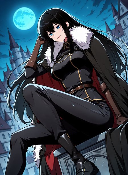 <lora:Karina_Dragonia__The_Knight_King_Who_Returned_with_a_God__Illustrious:1>
1 girl, solo, blue eyes, long hair, black hair, loose hair, hair between the eyes, bangs, sidelocks,
black jacket, black uniform, black gloves, uniform, black cape, black shoes, black pants, jacket, elbow gloves, belt, brown gloves, fur-trimmed cape, 
score_9, score_8_up, score_7_up, very aesthetic, source_anime, detailed, high quality, beautiful, masterpiece, detailed eyes, castle, village, blurry background, cityscape, pose dynamic angle, light smile, open mouth, hand on hair, sitting, night, blue moon