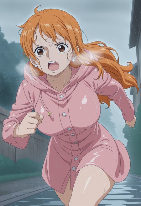 1girl,solo,mm,mature female,orange hair,brown eyes,earrings,large breasts,anime coloring,
long hair,raincoat,wet,running,rain,outdoors,open mouth, heavy breathing, 
,masterpiece,best quality,amazing quality,<lora:NAMI-ONE_PIECE-SabaodyWano:0.8>