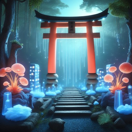 torii, blue theme, sunbeam, wide shot, parrot, fish, pillar, mushroom, cloud, lantern, plant, light particles, bug, forest, air bubble