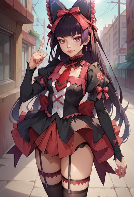 score_9, score_8_up, score_7_up,  1girl, rating_safe 1girl, <lora:rory_mercury-PD-1.0:1>commercial rory mercury, dress, hair ribbon, puffy sleeves, necktie, thighhighs, garter straps, finger gun