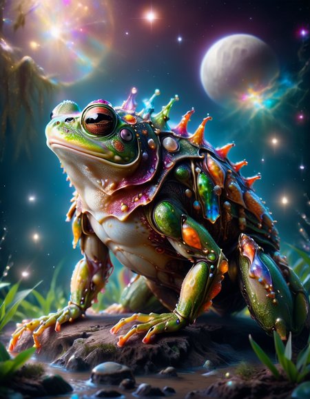 macro photo, a beautiful frog wearing ral-anmlsktn, glowing lights, beautiful magical sparkles, moon dust particulates, vibrant whimsical colors <lora:ral-anmlsktn:1>