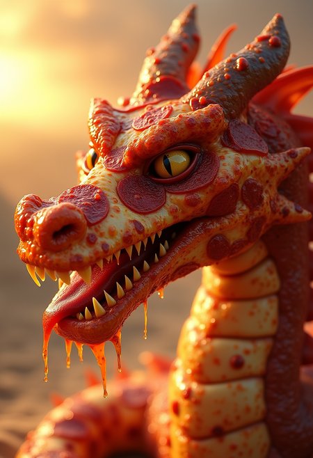 close up of the face of a pizza dragon hybrid made entirely of delicious (pepperoni:1.5) pizza with oily pepperonis all over its face, melting cheese with round oily pepperonis sliding off of its oily face and skin, pizza hut style cheese melting and oil dripping with its thick dragon body cheezy pepperoni covered oily thick crust, tomato sauce dripping in oil with pepperonis sliding off of the dragon skin, melted cheese and pizza grease and oil dripping from its mouth, oily snakelike pizza skin, pixar style, friendly but fierce face showing stuffed crust like teeth, windswept dunes, sunset, beautiful lighting, Dynamic, Stylish, Intricate, Expertly crafted, Ambient Lighting, reflection shot,