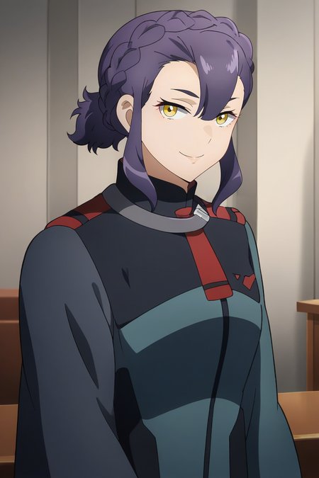 <lora:Sabina_Fardin:1>,sabina,1girl,braid,yellow eyes,purple hair,uniform,upper body,looking at viewer,smile,indoors