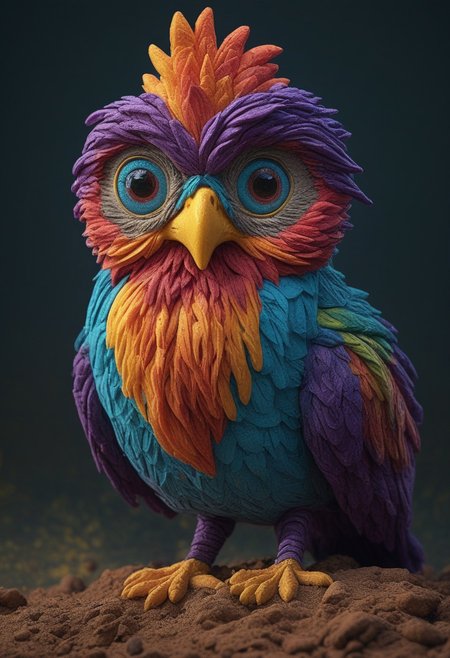 a cute chibby chicken mixed with a owl with big rainbow eyes made out of clay, it wears a cool rainbow bandana, very detailed, 4k, sharp, eating rainbow worms, novuschroma51 style