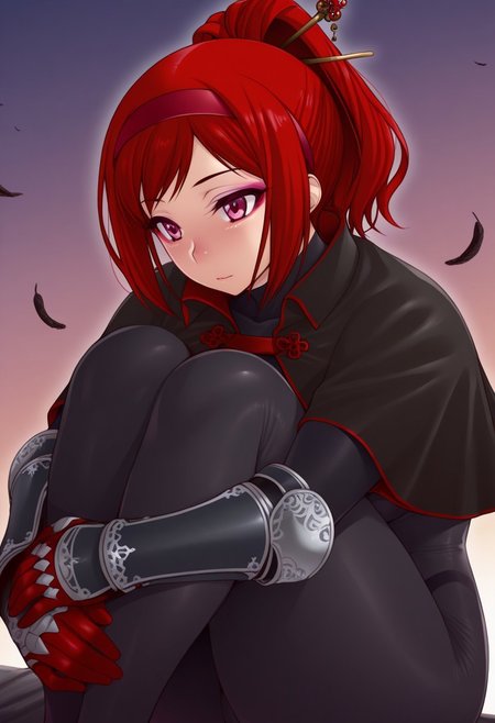 namidame, outdoors, undershirt, falling feathers, black bodysuit, hair stick, hugging own legs, , gauntlets,   eyeshadow,  , gradient background, red gloves,  high ponytail,  , black capelet, red hairband, pink eyes