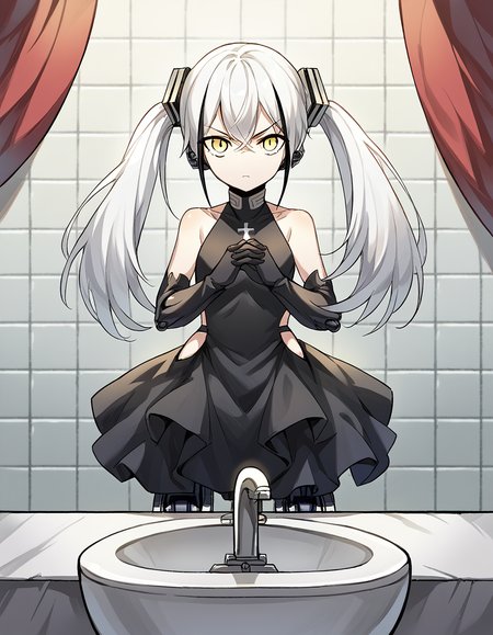 score_9, score_8_up, score_7_up, source_anime, <lora:girlsfrontline-destroyer-ponyxl-lora-nochekaiser:1>, destroyer, white hair, black hair, streaked hair, yellow eyes, cross bangs, multicolored hair,, android, bare shoulders, clothing cutout, dress, gloves, joints, mechanical legs, robot, robot joints, side cutout, twintails,, bathroom, tiles, mirror, sink, toiletries, , <lora:gendou-pose-ponyxl-lora-nochekaiser:1>, gendou pose, own hands clasped, own hands together, parody,, looking at viewer, solo,, dutch angle, cowboy shot