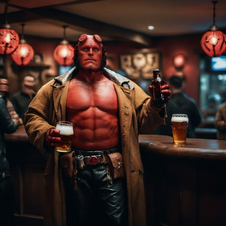cinematic photo hellboy, a red  man shirtless, pants,  having a beer in a pub <lora:Hellboy1024:0.8> . 35mm photograph, film, bokeh, professional, 4k, highly detailed