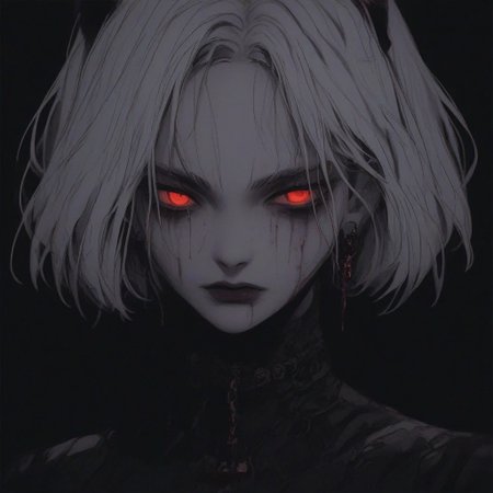 score_9, score_8_up, score_7_up, flat color, blood dripping from mouth, demon girl, demon horns, gthan, gothic, jewelry, red glowing eyes, solo, blood, earrings, cross, 1girl, black background, looking at viewer, portrait, short hair, necklace, blood on face, cross necklace, simple background, spot color, closed mouth, white hair, cross earrings