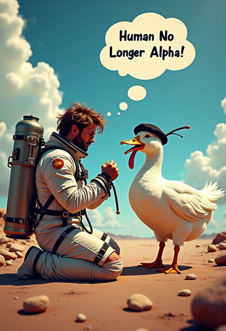 In the space station, near an interstellar vessel, Full body of An handsome Astronaut wearing ripped astronaut outfit with oxygen cylinder behind his back, messy hair blown back by the wind, he kneeling on the ground, his face facing to the ground, submitting to the duck in front of him, his wrist bounded by rope, 
BREAK, 
full body of super adorable cuteness overloads of a white duck with golden beak and claws wearing painter beret hat and diamond expert glasses, standing with arrogant expression in front of the Astronaut, its cute little red tongue sticking out, when it opens its beak while raising the leather whip high up, a big thought bubble above the duck's head which says "Feel My Furry! kwek..kwek.." 
BREAK
masterpiece, best quality, ultra-detailed, ultra realistic, 8k, RAW photo, perfect composition, perfect colors, colorful, clear photo, surreal, incredible lifelike, highest resolution, uncanny realism, immaculate micro-details, professional photography, analog photo, shot on Canon EOS 5D VI, Fujicolor Pro, radiant god rays, dreamy haze, Photographers collaboration by Oleg Oprisco and Tim Walker, view from distance, view from distant, dynamic angles, 
BREAK
(A big funny text at the top says "Human No Longer Alpha":1.6), (ensure the text perfectly correct and accurately written:1.3), aidmatextimprover,