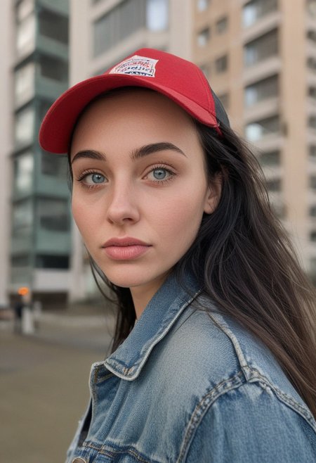 30yo woman posing for pic in front of tall building.
Blue eyes. small perfecteyes 
Wearing ripped Denim jacket red trucker hat
no makeup. Clear skin.  realistic skin style
Long dark black slick back hair. No makeup. Dusk, Street light. Looking at camera POV. Slight smile, tilting head.. Tilt head.
Medium Close Up shot. Bokeh. Bokeh light.