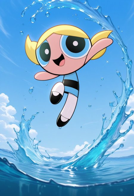 masterpiece,Powerpuff Girl_bubbles,1girl, open mouth, smile,water, blue theme