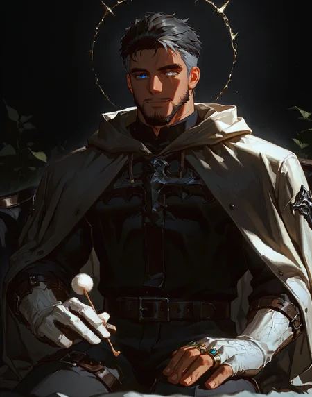 <lora:Lap_Pillow_Invitation_IL:1>, lap pillow invitation, holding mimikaki
looking at the viewer
tattered robes, skeletal patterns, dark fur accents, enchanted rings, bone-stitched gloves, long cloak dragging behind, black leather belts
(scar on right eyes, heterochromia, left blue eye, right grey eye, blue eye, grey eye),  <lora:DNF_Monk_r1:.9> dnfmonk, muscular male, beard, multicolored hair, scar on face, 
(very short hair), male focus, muscular male, bara, mature, (glossy skin, bara, mature, facial hair,), facial hair, bara, mature,  aixiwuganda_(20222192), very awa, masterpiece, best quality, absurdres, newest, perfect quality, detailed background, intricate details,<lora:slider_Body Type_alpha1.0_rank4_noxattn_last:2><lora:Anime Summer Days 2 Style SDXL_LoRA_Pony Diffusion V6 XL:.6><lora:merged:.7>, DARK, DARK BACKGROUND, LOW-KEY LIGHTING <lora:slider_cfg_scale_boost:.7><lora:Artist6p:.55>, Artist6p, Artist04p,<lora:slider_il_brightness_slider_d1:-.3><lora:slider_il_contrast_slider_d1:-.25>,<lora:slider_contract_controller_illus01_v1:.3>,<lora:slider_DarkSlider1.2_alpha1.0_rank16_full_300steps:-.1><lora:Heavenly_Beauty_r1:1>, (heavenlybeauty,)<lora:slider_style_strength_controller_illus01_v1:.25>