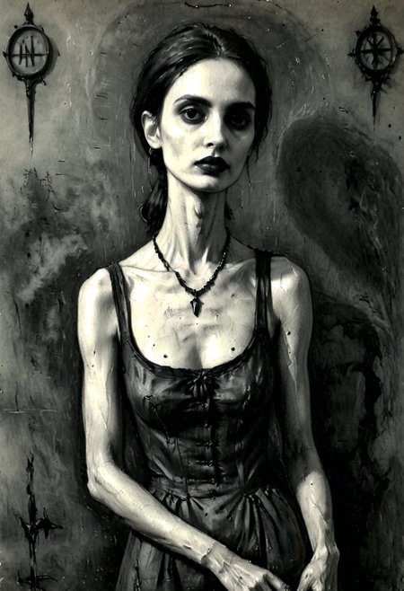 positiv Clip L:
perfect, charcoal drawing an award-winning, painting, of a skinny Gothic woman, 
positiv Clip G:
perfect, charcoal drawing an award-winning, painting, of a skinny Gothic woman, that captivates the viewer. natural dark black eyes exude depth and penetration. sunset in the background,