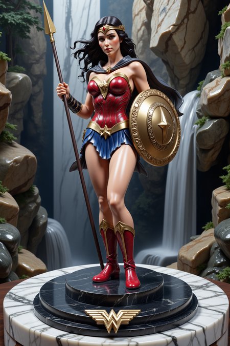 Midjourney dark fantasy style, very detailed statue made out of pink marble  of Wonder Woman standing on circular black granite platform on a pedestal in a forested area. She is wearing her iconic red and gold costume with a golden tiara and a golden lasso of truth on her chest. Her long dark hair is flowing in the wind and she is holding a spear and shield in her right hand. Her left hand is raised in the air, as if she is ready for battle. The pedestal is made of stone and has intricate carvings on it. The background is filled with trees and rocks, and there is a waterfall cascading down the rocks. The overall mood of the image is powerful and heroic., <lora:flux-marblestyle:1>, <lora:Midjourney dark fantasy style:0.5>