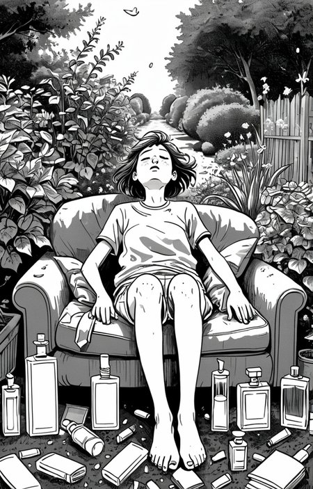 masterpiece,best quality,<lora:tbh373-sdxl:0.6>,illustration,style of exhausted people ,greyscale and white,comic A bottle of perfume in garden