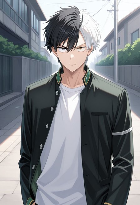 masterpiece,best quality,amazing quality, source_anime, 
sakuharuka, 1boy, male focus, solo, heterocromia, grey eyes, yellow eyes, split-color hair, black hair, white hair, school uniform, jacket, black jacket, open jacket, shirt, white shirt, sanpaku, looking at viewer, outdoor,