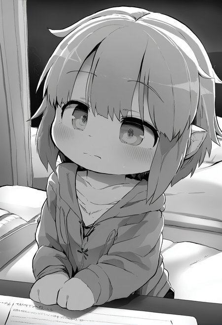 masterpiece, hyper detailed, best quality,(furry:1.3),greyscale, monochrome, 1girl, solo, short hair, closed mouth, bangs  ,<lora:DAGASIXLlokr8f-000188:0.95>