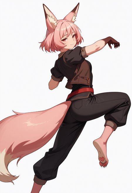 Smooth Quality,masterpiece,very intricate, high quality details, ultra realistic, high detailed skin,detailed enviorement,absurdres,
simple background, white background, dancing, solo,from behind,
 <lora:Til_CNR:0.8> til_cnr, 1girl,pink hair, short hair, bangs, red eyes, animal ears, fox ears, animal ear fluff, fox tail, furry female, animal hands, claws, black shirt,open jacket,puffy short sleeves,black pants, belt,barefoot,, seductive smile,, :c,