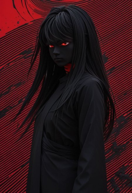 Closeup Portrait, An Abstract surreal n Abstract surreal colorful simple painted black piccolo standing at a cliff with extreme Long Hair throughout the frame, katana, red Blood Splash, made of lines, vertical lines, horizontal lines, Portrait Made of intertwining snakes, weaving over and under each other throughout the frame, emphasis effect, moire effect, awash in colorful shades, seamlessly extends the lines,