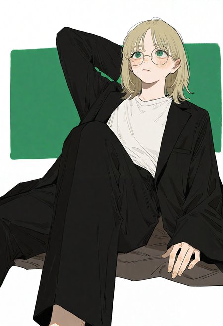 hachinuki tetsuyo, (go e 0000:1.2), (xilmo:1.1), vfaix, painting \(medium\), brush stroke, green background, white background, 
1boy, solo, androgynous, medium hair, parted bangs, round eyewear, green eyes, long eyelashes, dirty blonde hair, black roots \(hair\), hair down, blush,
oversized clothes, white shirt, black jacket, formal jacket, long sleeves, long jacket, wide sleeves, black pants, wide pants, 
leaning back, on back, from below, knee up, arm behind head, looking afar, 
masterpiece, best quality, newest, absurdres, highres, very awa, (perspective:1.1), 
<lora:owk_bsh_yy:0.5>,
 <lora:sample:0.8>,
 <lora:veluflora-wai:0.4>,
