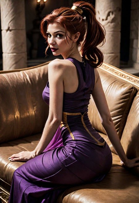 Ultra Realistic, cinematic, high angle, chill,  (cute slender Megara, 
ponytail :1.2), classy toga, slumped on a ancient Greek sofa, glam, reading magazine "Athena"