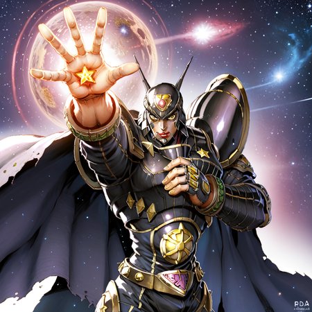 score_9, score_8_up, score_7_up, score_6_up, score_5_up, score_4_up, rating_safe,HDR,epic,dynamic lighting,jojo,solo,alphamon,yellow eyes,folded arms,space,stars,galaxy, jojo pose, <lora:AlphamonPony:0.98>