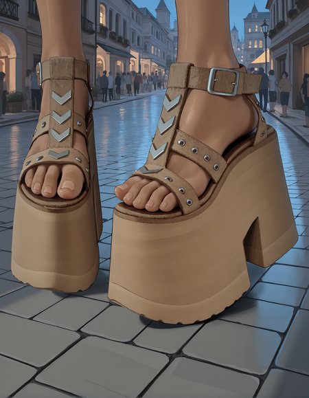 masterpiece, best quality, amazing quality, very aesthetic, high resolution, ultra-detailed, absurdres, newest, volumetric lighting, 
close-up of feet, foot focus, toes,
standing, pigeon-toed, from side, from above,
1girl, dark skin, 
city street, spanish colonial architecture, summer theme,
(m0nd0 sandals), (platform footwear),