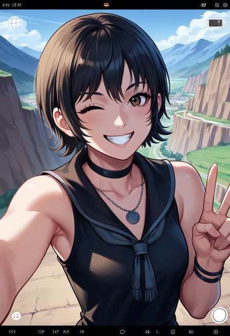 masterpiece,best quality,score_9, score_8_up, score_7_up, score_6_up,source_anime,
1girl, iris amicitia <lora:iris_amicitia(ffxv)-PD-1.0:1>,short hair,black hair,brown eyes,(happy smile,teeth,wink),(black clothes,bare shoulder, bracelet),(from above,upper body,face focus),(selfie, user interface, fake screenshot, viewfinder, phone screen, taking picture,v,head tilt,armpit),(landscape,outdoor,blue sky,mountain,valley,cliff,parking lot)