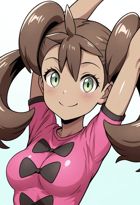 masterpiece, best quality, 1girl, solo, eyelashes, (beautiful eyes), shiny skin,  zzShauna, dark skin, twintails, brown hair, long hair, green eyes, pink shirt, (upper body), medium breasts,  arms up, stretching, upper body, smile, looking at viewer,  medium breasts,   <lora:ShaunaPokemon_IXL_v1:1.0>,