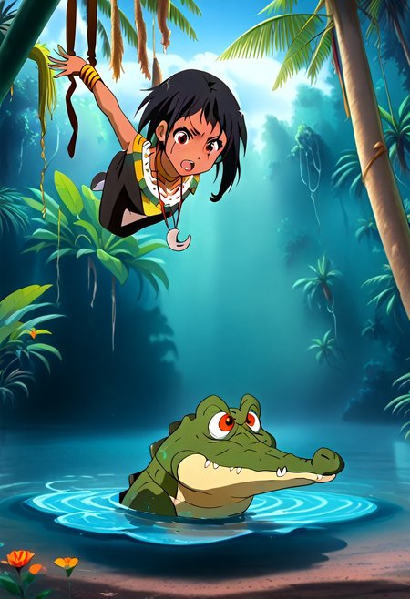 Tick tock crocodile,male animal focus,tail, crocodile open large mouth ,green skin, blue eyes, Tick Tock the crocodile is giant and very huge size,teeth, swimming in water,partially submerged,Tick Tock the crocodile looking us.
Choi_mochimazzi sitting on the crocodile head.
Base - choim, short hair, black hair, red eyes, dark-skinned female,purple eyes,
Base Outfit - dress, jewelry, dark skin, necklace, bracelet, wristband,open mouth,river,palm trees, jungle tropical, Disney,manga,anime
