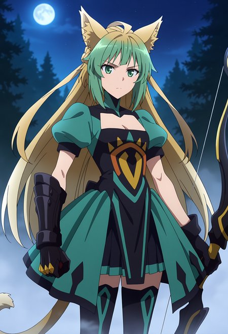 anime screencap, masterpiece, best quality,
<lora:FateApocrypha_Atalanta_IlluXL:0.9>,
1girl, solo, closed mouth, serious,
multicolored hair, long hair, green eyes, ahoge, cat ears, cat tail,
turtleneck, two-tone dress, print dress, puffy short sleeves, cleavage cutout, small breasts, asymmetrical gloves, gauntlets, black gloves,
green overskirt, pleated skirt, black skirt, thigh boots, black footwear,
holding bow \(weapon\),
standing, looking at the viewer, cowboy shot,
outdoors, night, moon, fog, forest, night sky