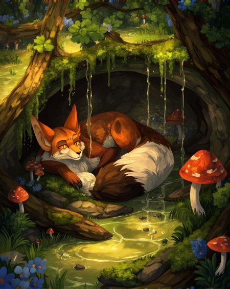 <lora:ck-LttleGhost-000011.safetensors:1> in the style of ck-lttlegh0stImagine a serene, sun-kissed setting where a magnificent red fox, its fur a warm, burnished copper, rests peacefully within a moss-covered cavern surrounded by lush foliage and vibrant, iridescent mushrooms. The atmosphere is tranquil, filled with the sweet scent of wildflowers and soothing bird songs.