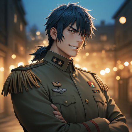 masterpiece, best quality, amazing quality, absurdres, newest, detailed background, definition so sharp, Ultra-HD, 8K cinematic, very awa, impressionate, amazing quality, highres, 
solo, male focus, manly, mature male, bara, bokeh, night, warm light, blurry background, outdoor, 
1boy, short hair, tied hair, low tied hair, lieutenant_pretime, lieutenant_blue hair, lieutenant_brown eyes, daikakukokujouji, military uniform, coat, spaulettes, serious face, smirk, grin, crossed arms, looking at viewer