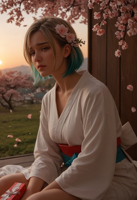 score_9_up, score_8_up, score_7_up, score_6_up, 1girl, 25 years old, perfect face, (adult), sexy, mature, 
multicolored hair, blonde hair, teal hair, hair ornament, hair flower, hair between eyes, short hair, 
miko, japanese clothes, 
cherry blossoms,
sitting, crying, tears, streaming tears, sad, (broken heart), sobbing, (gift box),  
sunset,