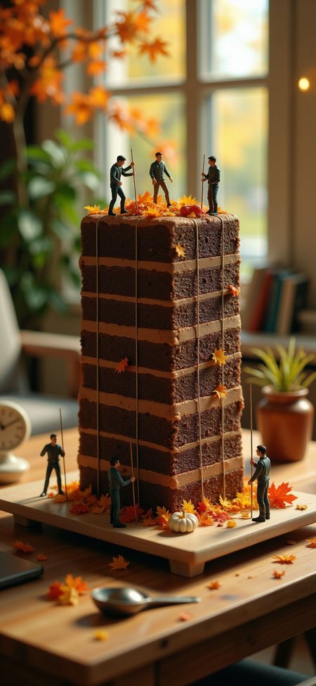 (indoors,indoor,isometric view,side view,tilt-shift lens:2), (fna_style,miniature,miniature,diorama,miniature,diorama,PVC,plastic:2),sunset,autumn giant (randomly multi stack up,multi layer of chocolate cake cubic vertical:2.5)  is located center, people are climbing with ropes, (in wooden square plate:3) (on table at study:3) <lora:Fantasy_Novel_Art_Style:1> <lora:Rostpunk:0.3>