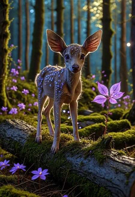 macro photography,  A (blue fawn:1.3) with glowing purple eyes long pointy leaf like ears standing on a moss covered log in a dense forest with illuminated flowers on a magical night, glowing particles in the air, enchanted forest, vibrant, sharp, extreme details, 8k <lora:add-detail-xl:1> <lora:MJ52:0.5> <lora:sss:0.5>